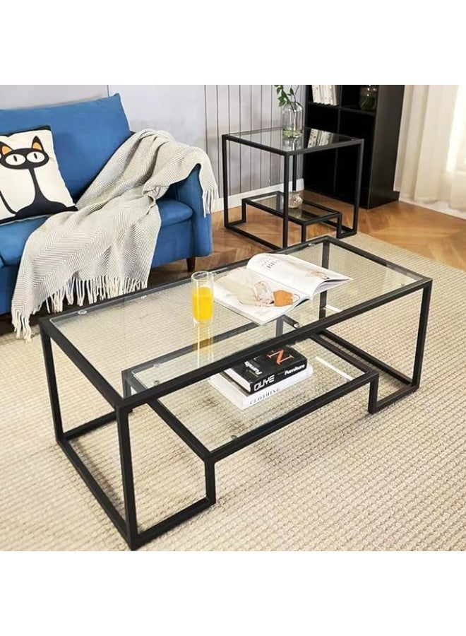 HOME TASTE Coffee Table 2 Tier Modern Tempered Glass Tabletop With Sturdy Metal Frame Centre Table For Dining Room Modern Geometric Glass Coffee Table With Mid Glass Shelf Black - Image 3